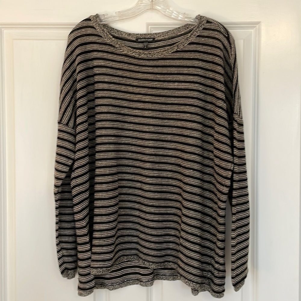 Eileen Fisher black and cream striped linen/wool sweater.